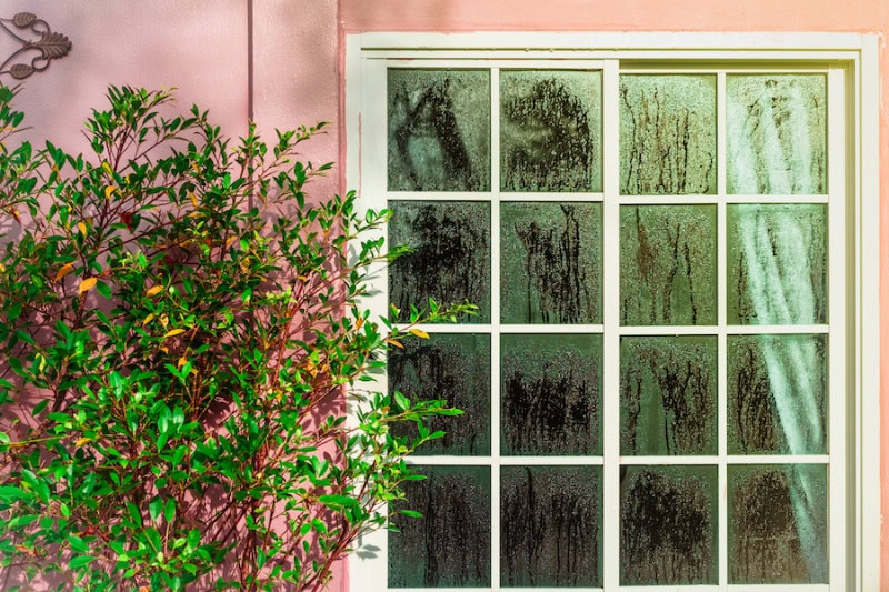 Glass door with condensation and a tree, high humidity.