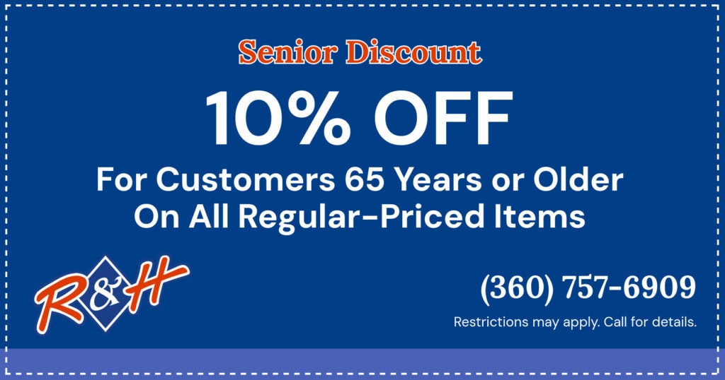 R&H Mechanical Senior discount for 10% off all regular-priced items. Must be 65 or older.